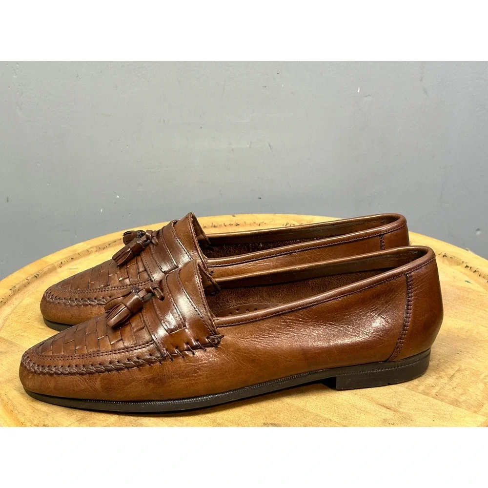 Oleg Cassini Loafers Mens 9.5 Brown Woven Tassel Leather Dress Shoes Office